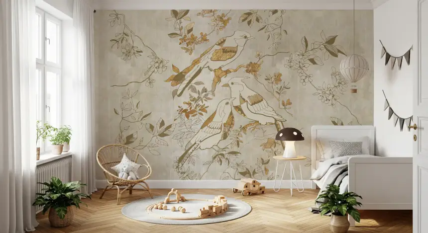 Golden Orchard Bird Wall Mural