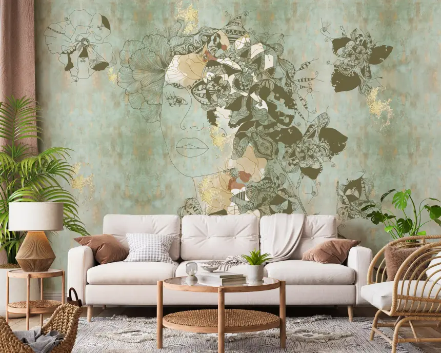 Vintage Blue Floral Woman Portrait Wall Mural