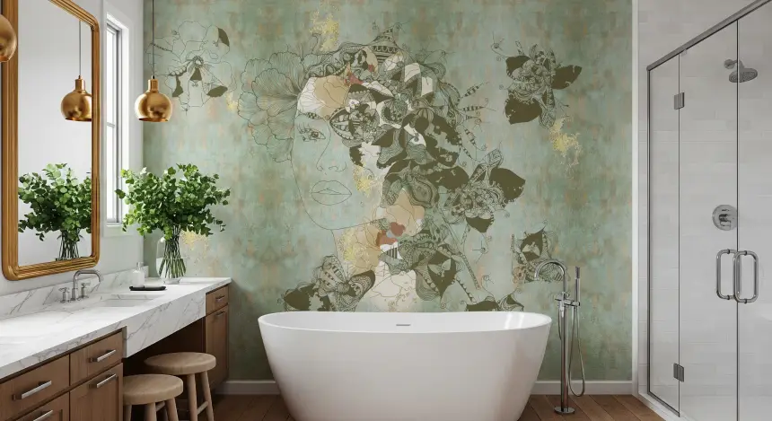 Vintage Blue Floral Woman Portrait Wall Mural