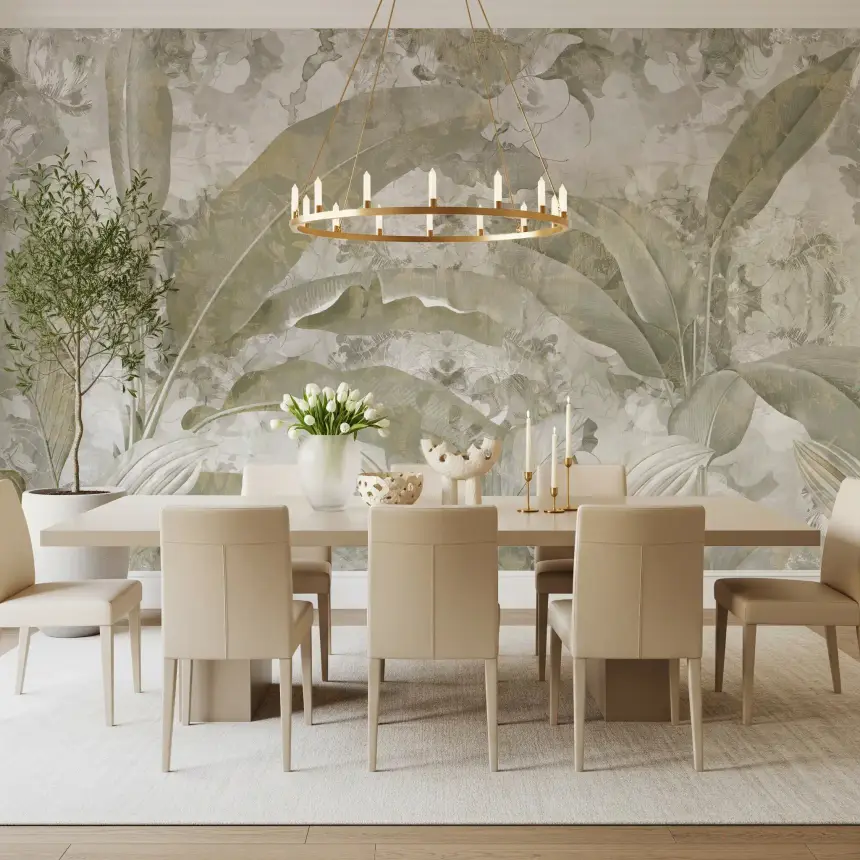 Sage Green Tropical Leaves Wall Mural