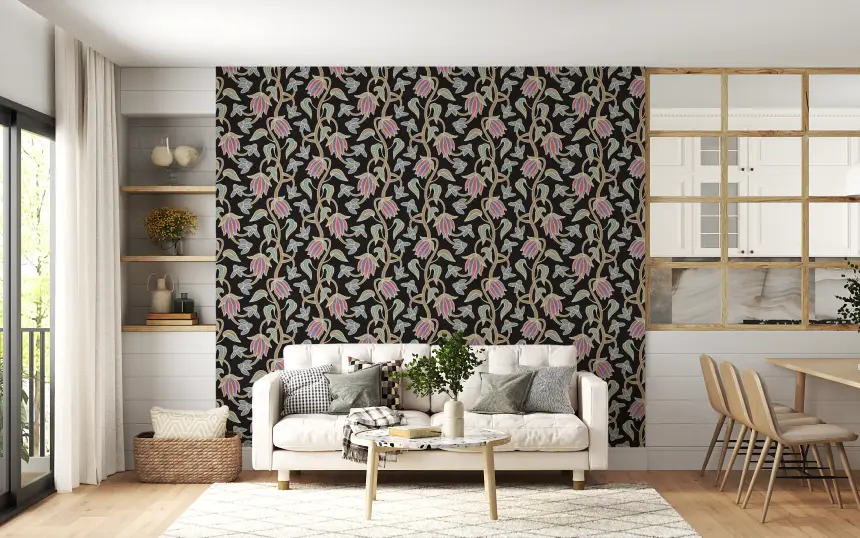 Ophelia Boho Blossoms Floral Antique Pastels on Black Wallpaper