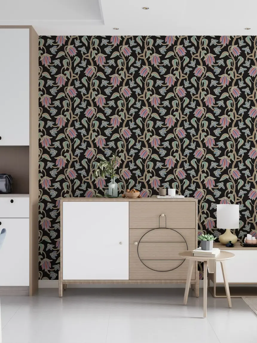 Ophelia Boho Blossoms Floral Antique Pastels on Black Wallpaper