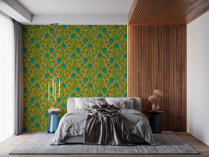 Ophelia Boho Blossoms Floral Tropical Blue Green on Mustard Yellow Wallpaper