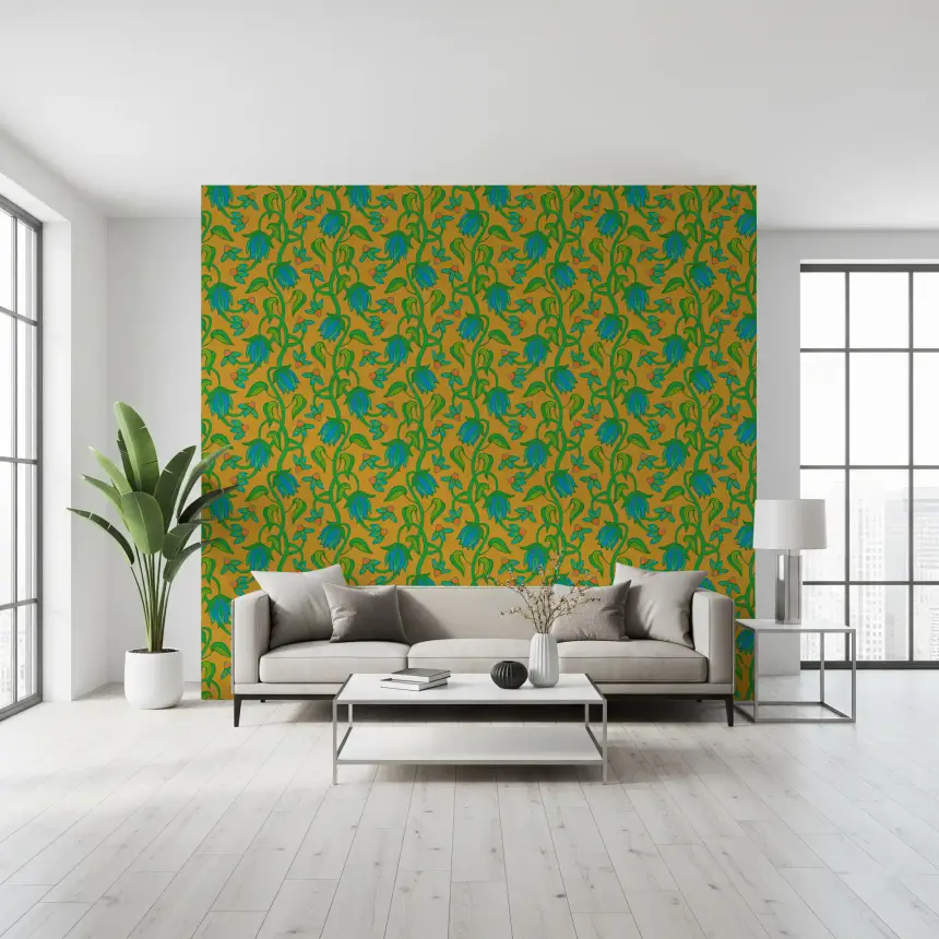 Ophelia Boho Blossoms Floral Tropical Blue Green on Mustard Yellow Wallpaper
