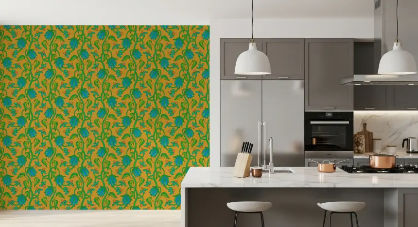 Ophelia Boho Blossoms Floral Tropical Blue Green on Mustard Yellow Wallpaper