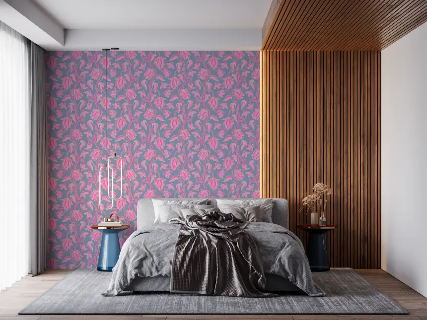 Ophelia Boho Blossoms Floral Pretty Pink on Lavender Purple Wallpaper