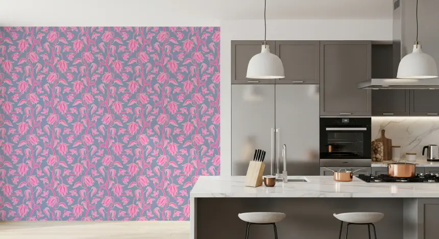 Ophelia Boho Blossoms Floral Pretty Pink on Lavender Purple Wallpaper