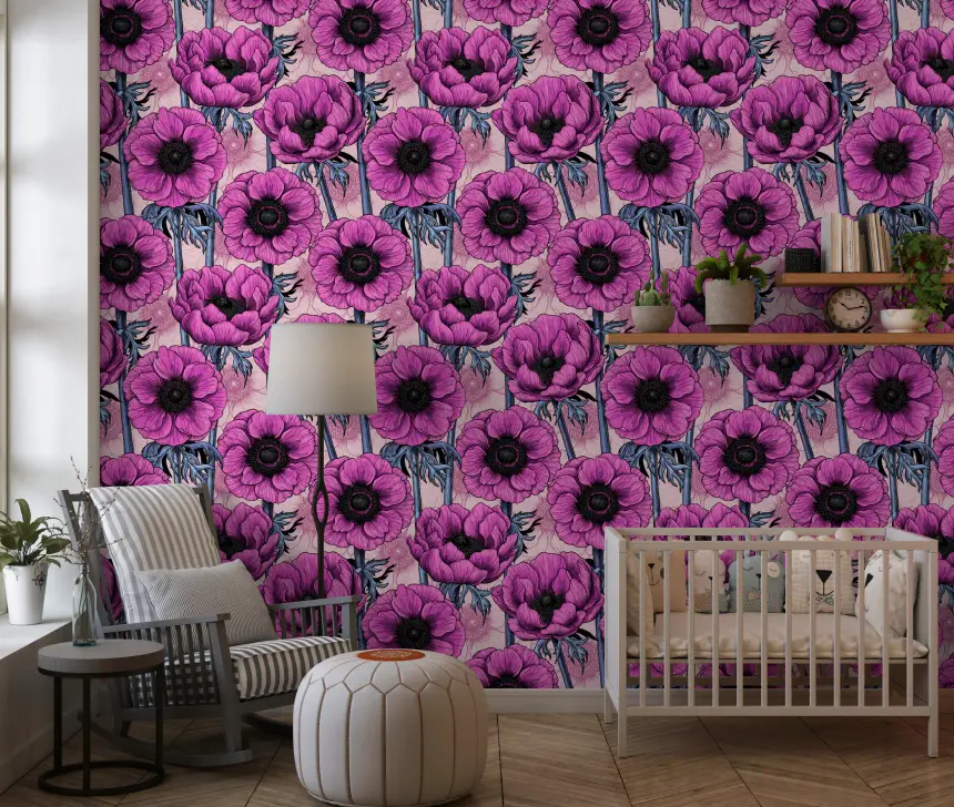 Pink Anemone Garden on Light Pink Wallpaper