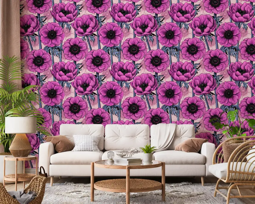Pink Anemone Garden on Light Pink Wallpaper