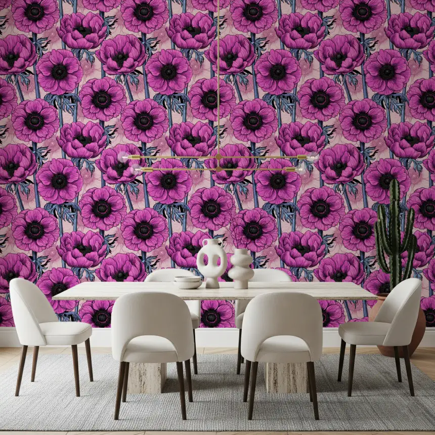 Pink Anemone Garden on Light Pink Wallpaper
