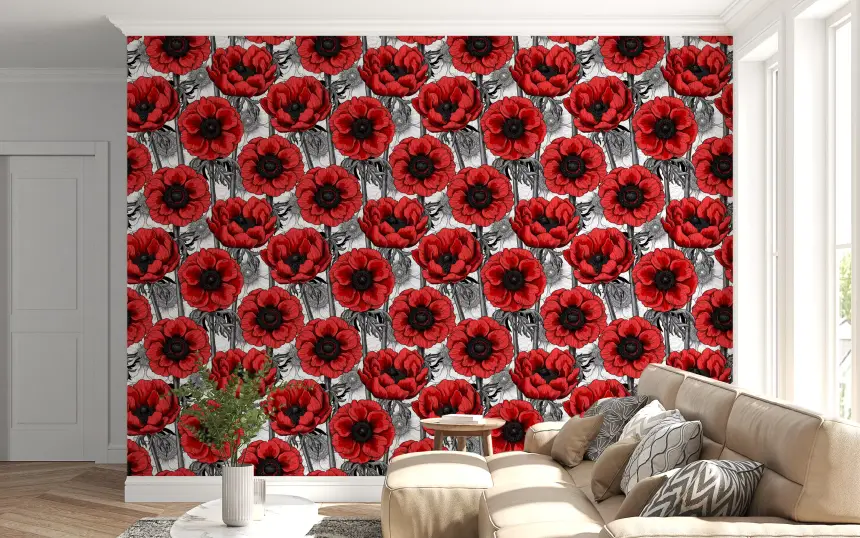 Red Anemone Garden on White Wallpaper