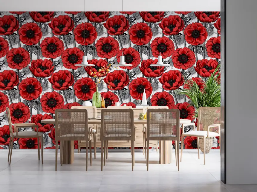 Red Anemone Garden on White Wallpaper