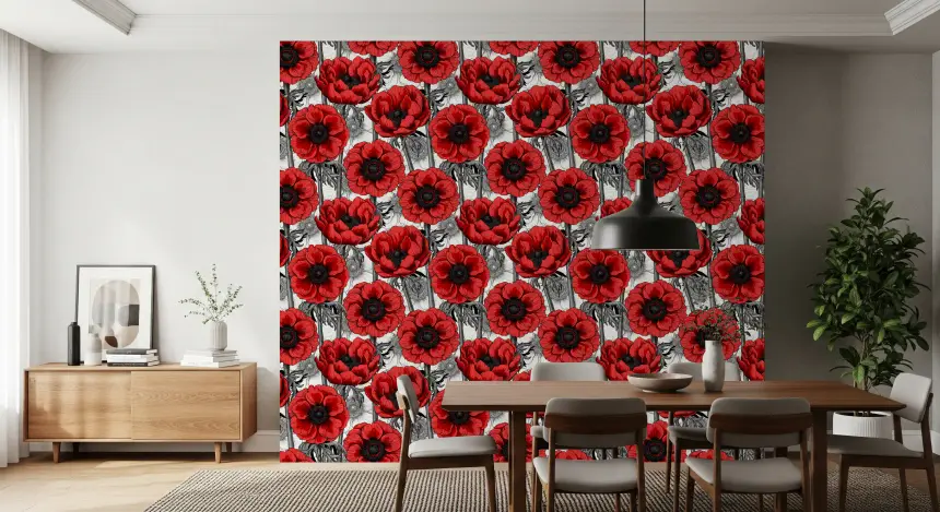 Red Anemone Garden on White Wallpaper