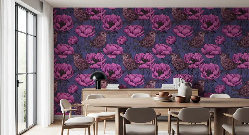 Wrens in the Anemone Garden Wallpaper