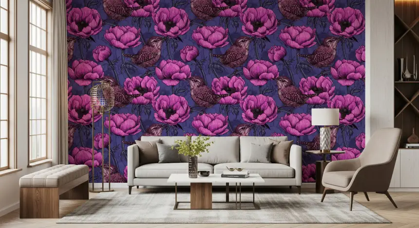 Wrens in the Anemone Garden Wallpaper