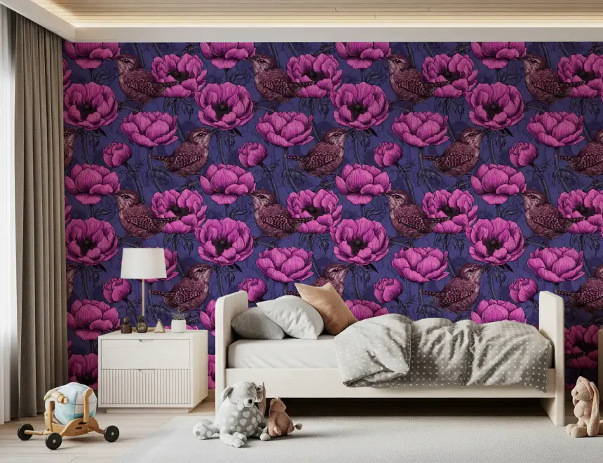 Wrens in the Anemone Garden Wallpaper