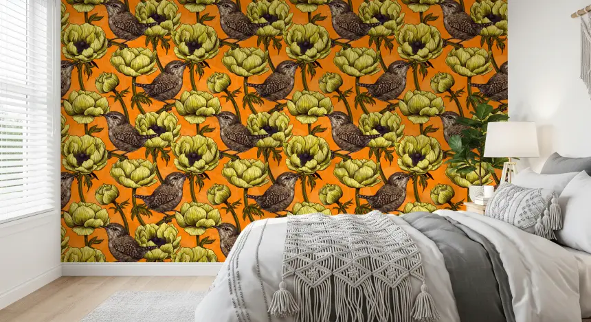 Wrens in the Yellow Anemone Garden Wallpaper