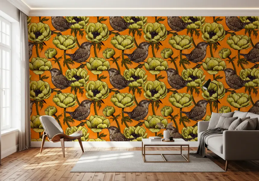 Wrens in the Yellow Anemone Garden Wallpaper