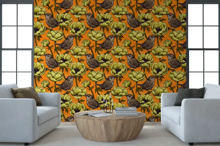 Wrens in the Yellow Anemone Garden Wallpaper