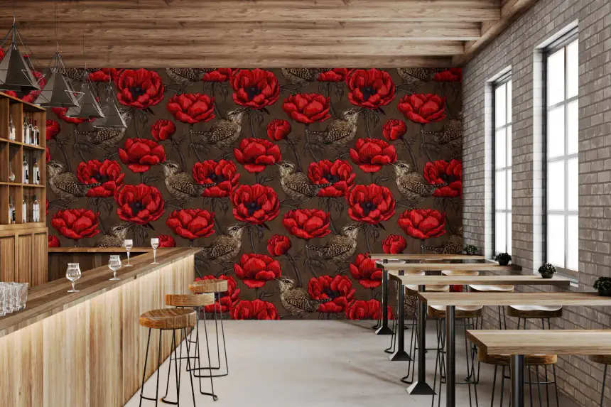Wrens in a Red Anemone Garden Wallpaper