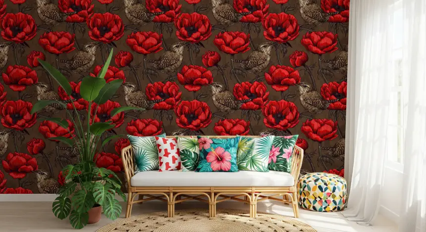 Wrens in a Red Anemone Garden Wallpaper