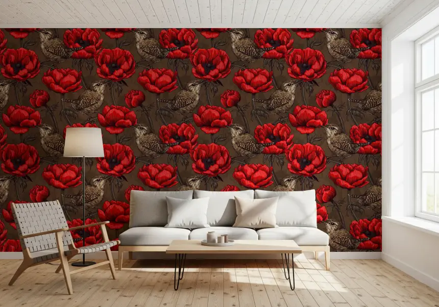 Wrens in a Red Anemone Garden Wallpaper