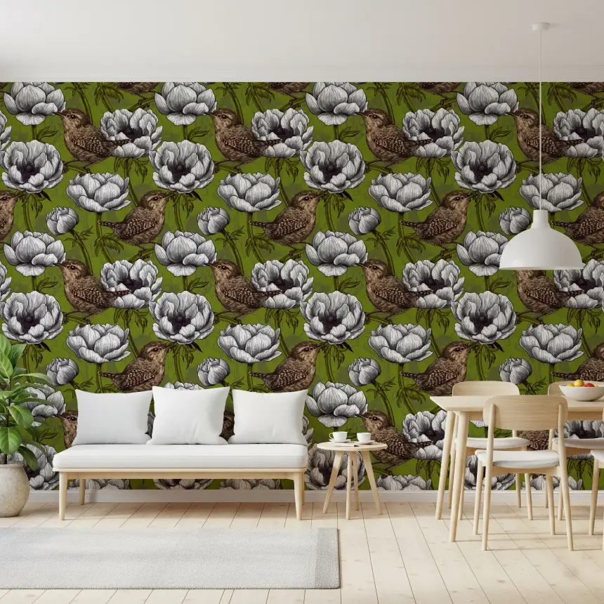 Wrens in the White Anemone Garden Wallpaper