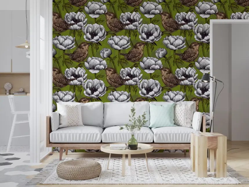 Wrens in the White Anemone Garden Wallpaper