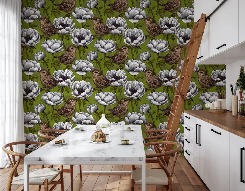 Wrens in the White Anemone Garden Wallpaper