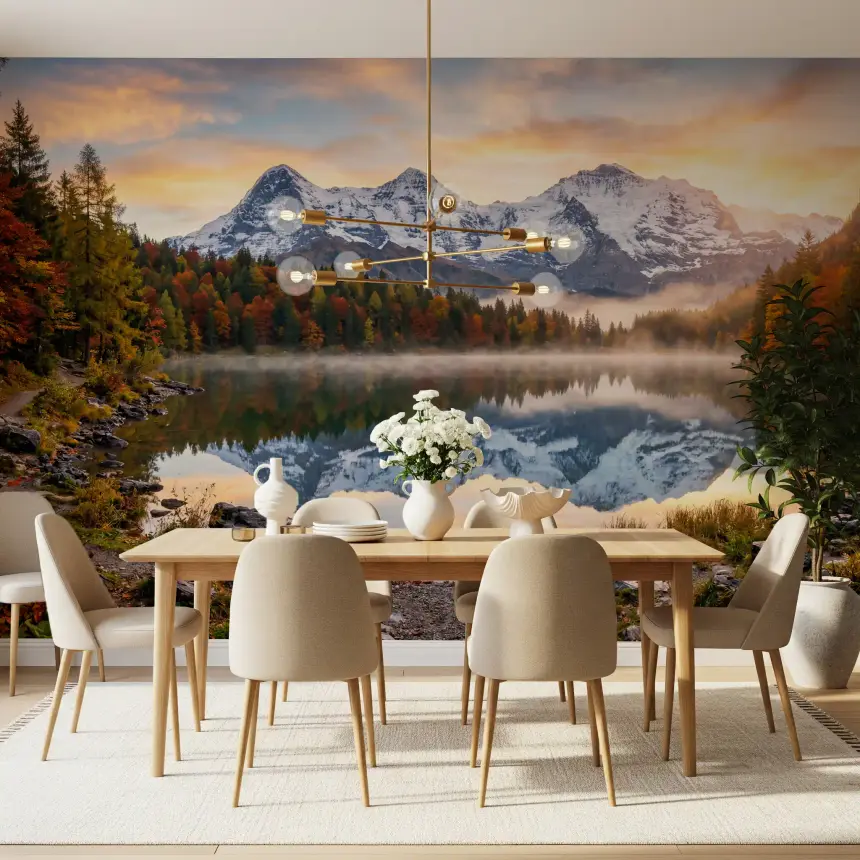 Misty Peaks: Autumn Reflections at Dawn Wall Mural