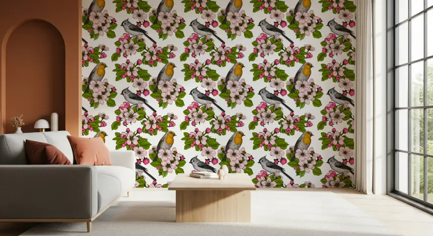 Birds and Blossoms on White Wallpaper