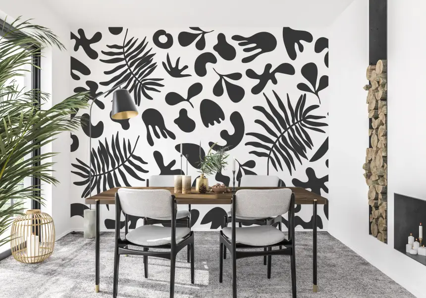 Abstract Organic Foliage in Black and White Wall Mural