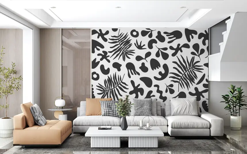 Abstract Organic Foliage in Black and White Wall Mural