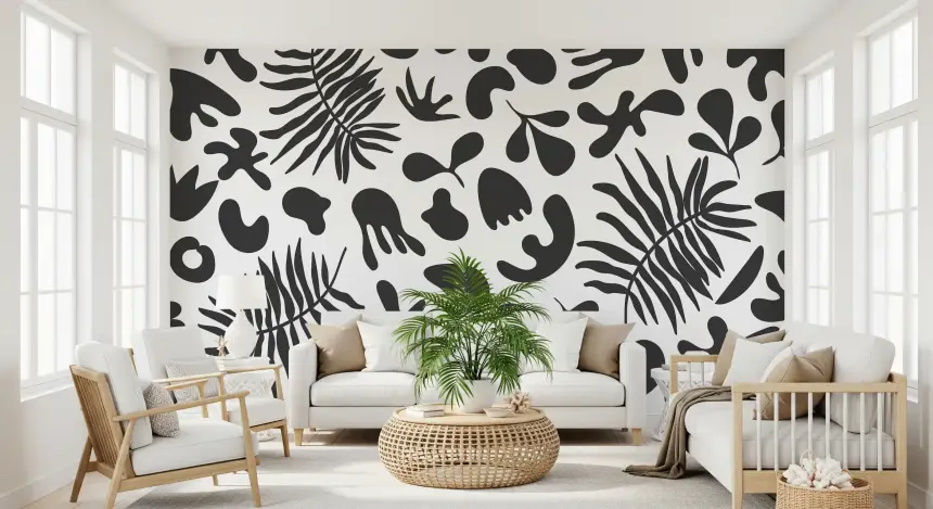 Abstract Organic Foliage in Black and White Wall Mural