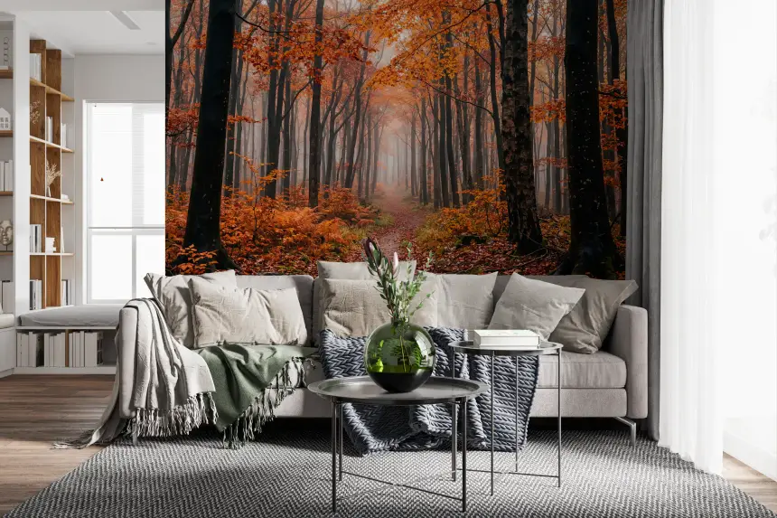 Misty Autumn Forest Path Wall Mural