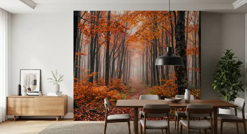 Misty Autumn Forest Path Wall Mural