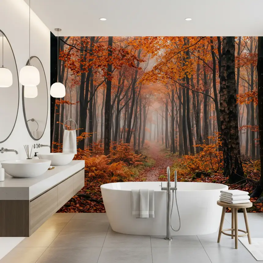 Misty Autumn Forest Path Wall Mural