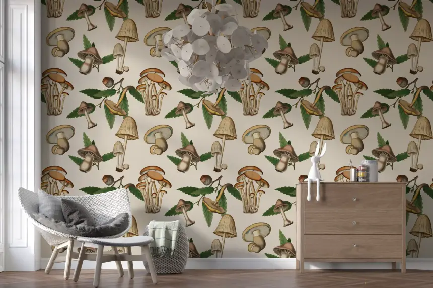 Ancient Forest Mushrooms and Acorns Wallpaper