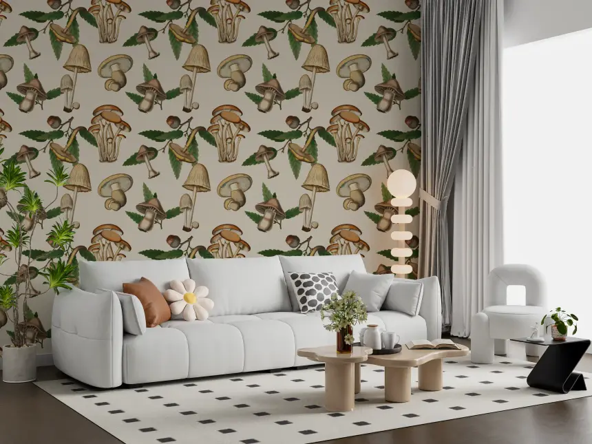 Ancient Forest Mushrooms and Acorns Wallpaper
