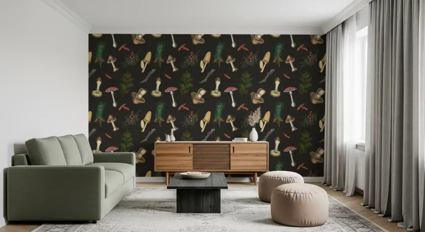 Vintage Pattern of Mushrooms and Forest Fir Trees Wallpaper