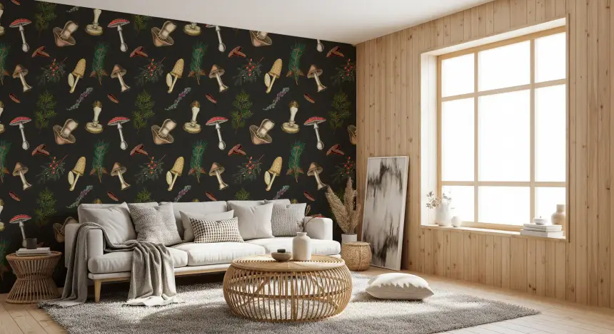 Vintage Pattern of Mushrooms and Forest Fir Trees Wallpaper
