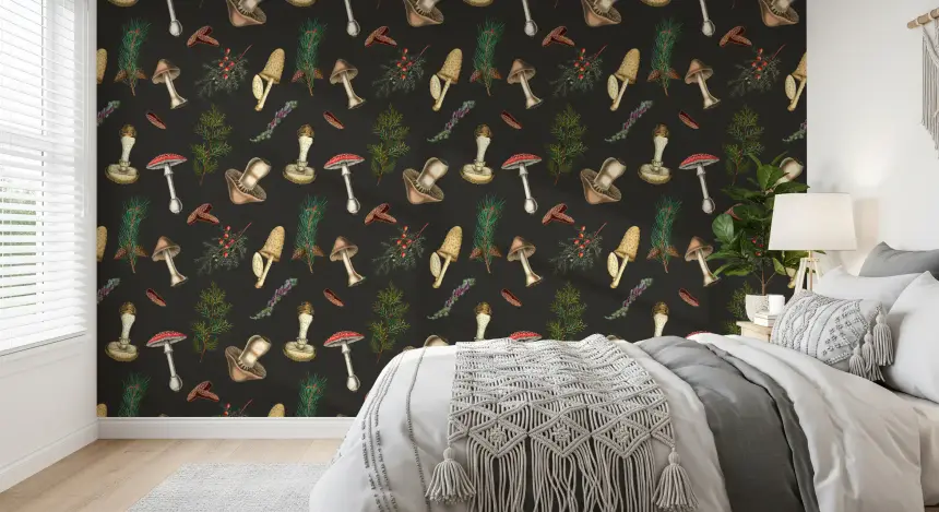 Vintage Pattern of Mushrooms and Forest Fir Trees Wallpaper