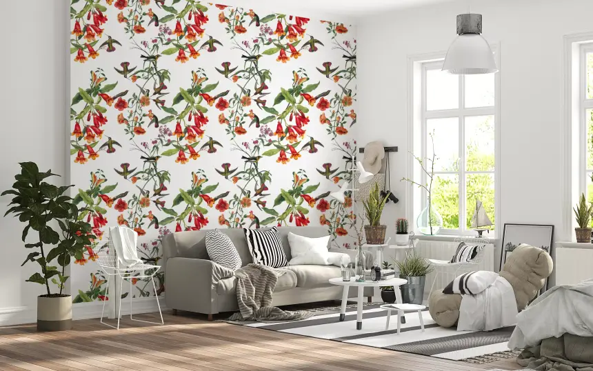 Exotic Garden Birds and Tropical Flowers Wallpaper