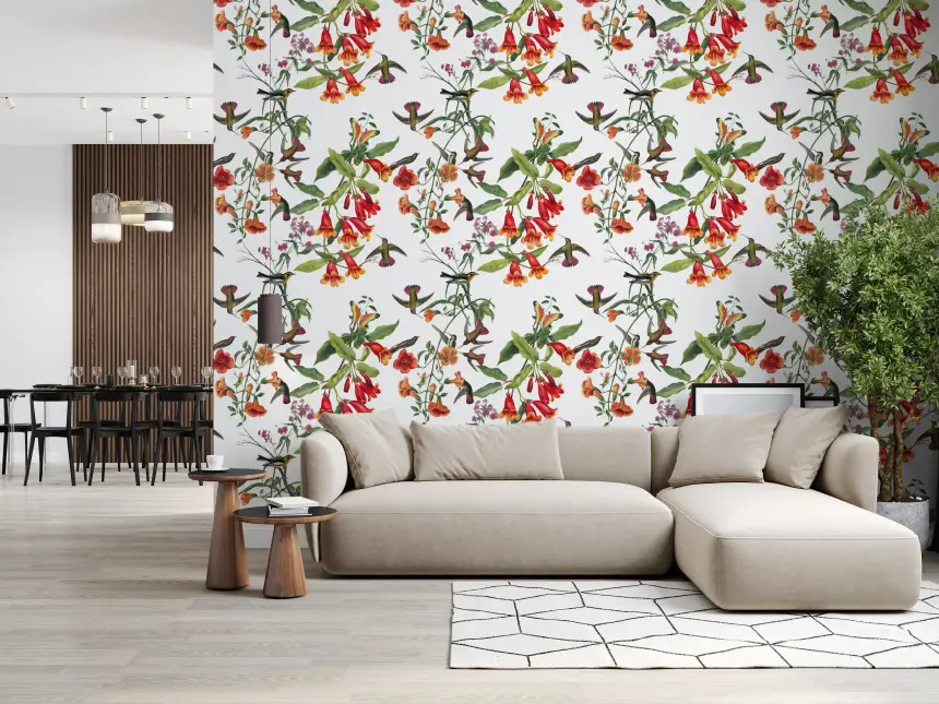 Exotic Garden Birds and Tropical Flowers Wallpaper