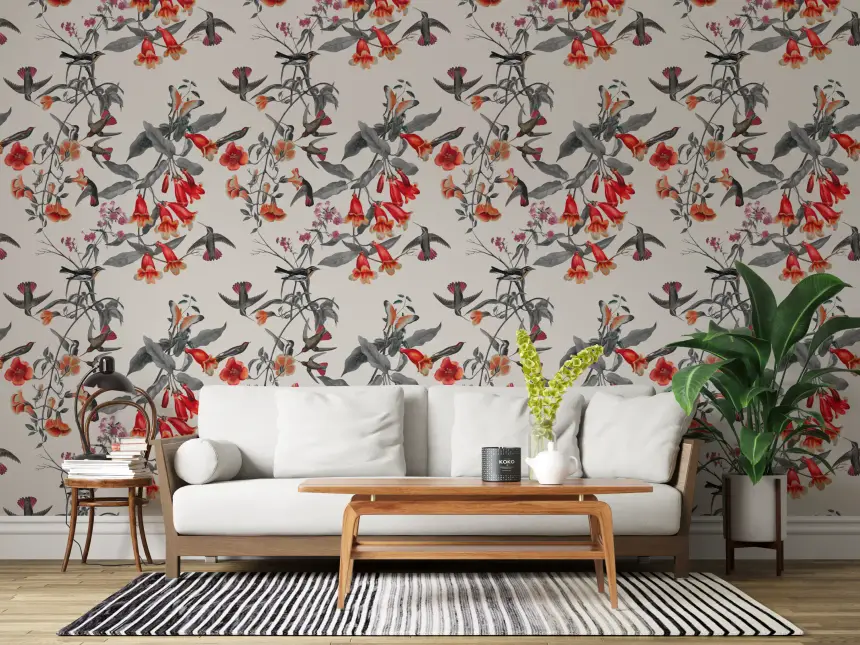 Crimson Flower Aviary Wallpaper