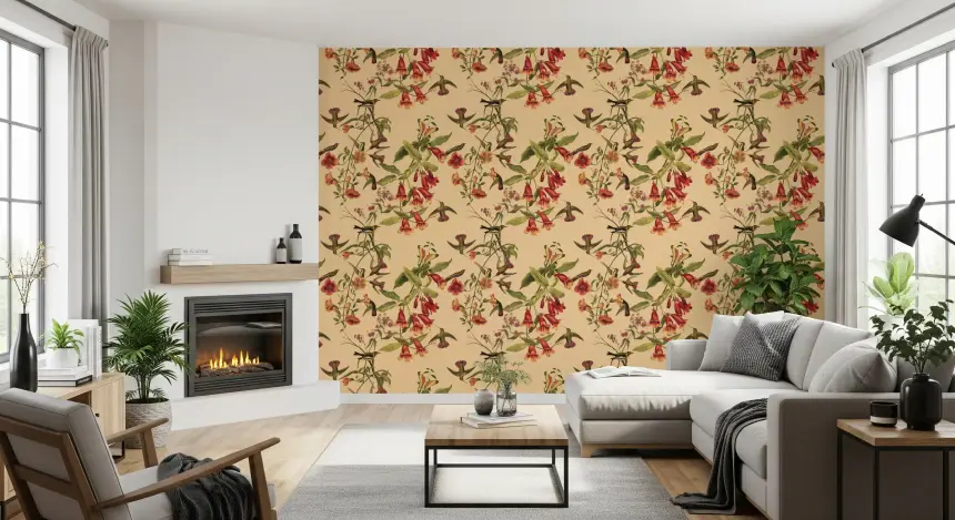 Tropical Flowers and Hummingbirds Vintage Style Wallpaper