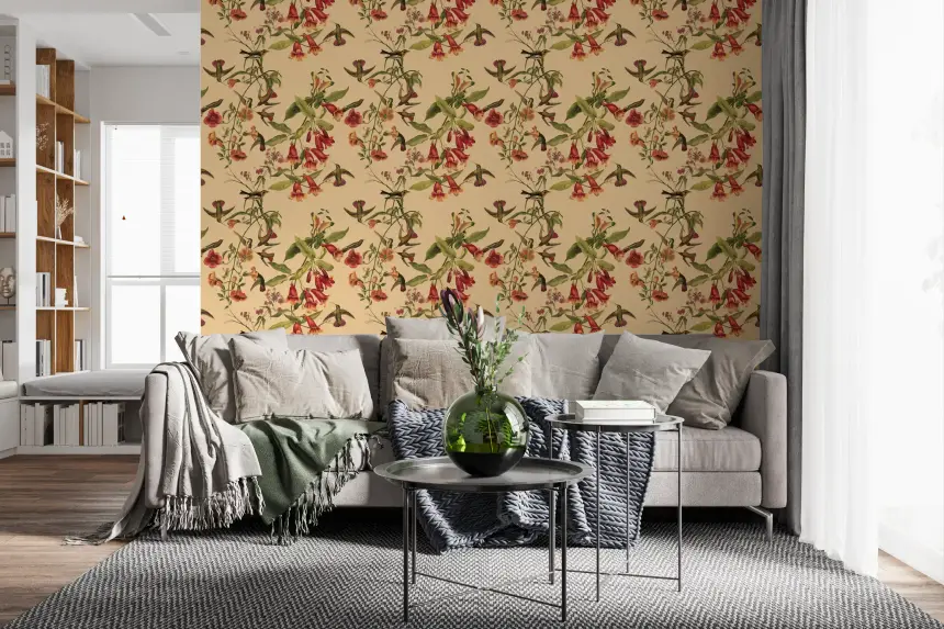 Tropical Flowers and Hummingbirds Vintage Style Wallpaper