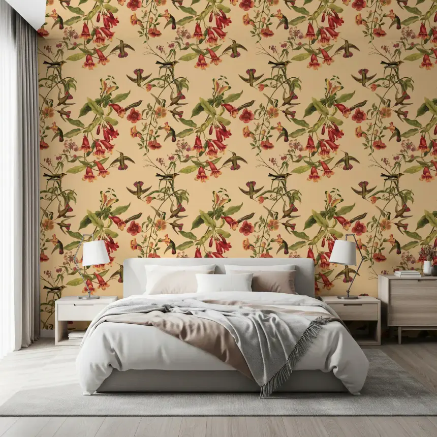 Tropical Flowers and Hummingbirds Vintage Style Wallpaper