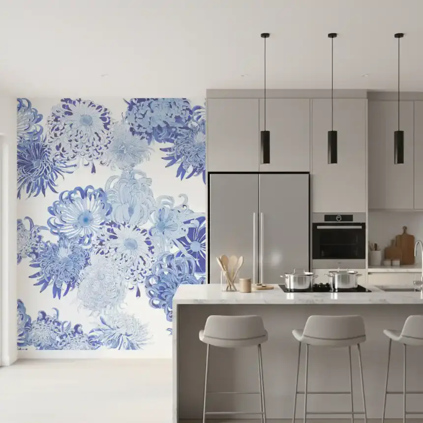 Blue Chrysanthemum Cascade Wall Mural