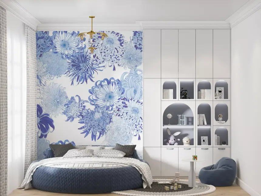 Blue Chrysanthemum Cascade Wall Mural
